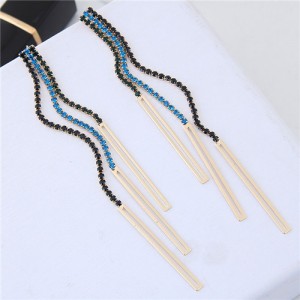 Glistening Rhinestone Tassel High Fashion Women Statement Earrings - Blue and Black