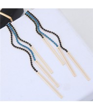 Glistening Rhinestone Tassel High Fashion Women Statement Earrings - Blue and Black