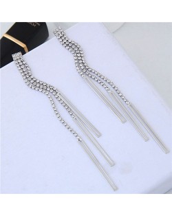 Glistening Rhinestone Tassel High Fashion Women Statement Earrings - White and Silver