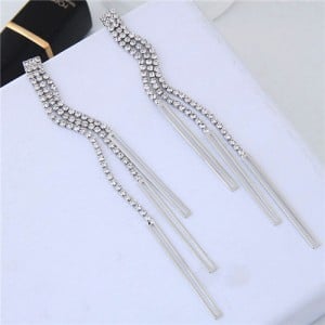 Glistening Rhinestone Tassel High Fashion Women Statement Earrings - White and Silver