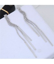 Glistening Rhinestone Tassel High Fashion Women Statement Earrings - White and Silver