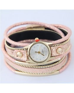 Alloy Chains and Pipes Decorated Multi-layers High Fashion Leather Wrist Watch - Pink