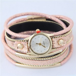 Alloy Chains and Pipes Decorated Multi-layers High Fashion Leather Wrist Watch - Pink