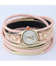 Alloy Chains and Pipes Decorated Multi-layers High Fashion Leather Wrist Watch - Pink