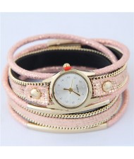 Alloy Chains and Pipes Decorated Multi-layers High Fashion Leather Wrist Watch - Pink