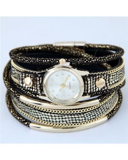 Alloy Chains and Pipes Decorated Multi-layers High Fashion Leather Wrist Watch - Black