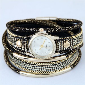 Alloy Chains and Pipes Decorated Multi-layers High Fashion Leather Wrist Watch - Black