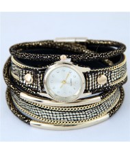 Alloy Chains and Pipes Decorated Multi-layers High Fashion Leather Wrist Watch - Black