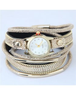 Alloy Chains and Pipes Decorated Multi-layers High Fashion Leather Wrist Watch - Khaki