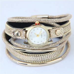 Alloy Chains and Pipes Decorated Multi-layers High Fashion Leather Wrist Watch - Khaki