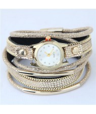 Alloy Chains and Pipes Decorated Multi-layers High Fashion Leather Wrist Watch - Khaki