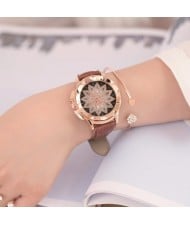 6 Colors Available Lotus Flower Engraving High Fashion Leather Wrist Watch
