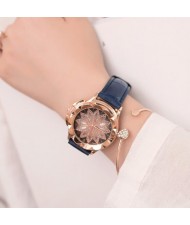 6 Colors Available Lotus Flower Engraving High Fashion Leather Wrist Watch