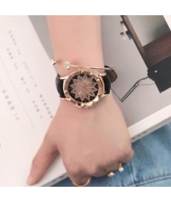 6 Colors Available Lotus Flower Engraving High Fashion Leather Wrist Watch