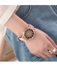 6 Colors Available Lotus Flower Engraving High Fashion Leather Wrist Watch