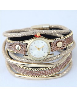 Alloy Chains and Pipes Decorated Multi-layers High Fashion Leather Wrist Watch - Brown