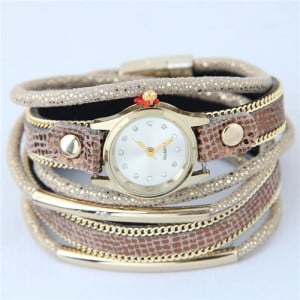 Alloy Chains and Pipes Decorated Multi-layers High Fashion Leather Wrist Watch - Brown
