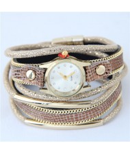 Alloy Chains and Pipes Decorated Multi-layers High Fashion Leather Wrist Watch - Brown