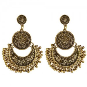 Vintage Flowers Engraving Bohemian Fashion Women Statement Earrings - Golden