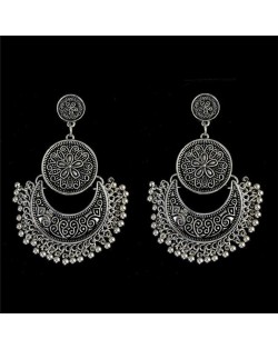 Vintage Flowers Engraving Bohemian Fashion Women Statement Earrings - Silver