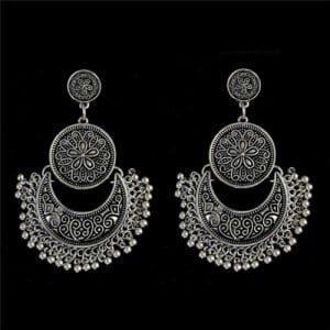 Vintage Flowers Engraving Bohemian Fashion Women Statement Earrings - Silver