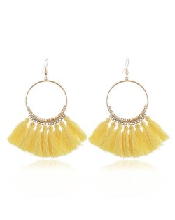 High Fashion Cotton Threads Tassel Big Hoop Statement Earrings - Yellow