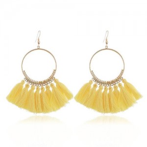 High Fashion Cotton Threads Tassel Big Hoop Statement Earrings - Yellow