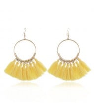 High Fashion Cotton Threads Tassel Big Hoop Statement Earrings - Yellow