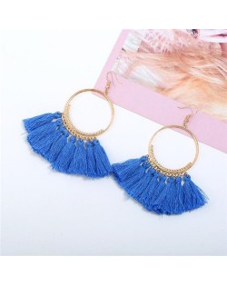 High Fashion Cotton Threads Tassel Big Hoop Statement Earrings - Blue