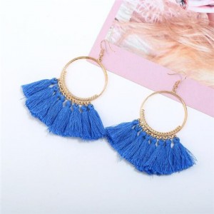 High Fashion Cotton Threads Tassel Big Hoop Statement Earrings - Blue
