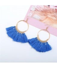 High Fashion Cotton Threads Tassel Big Hoop Statement Earrings - Blue