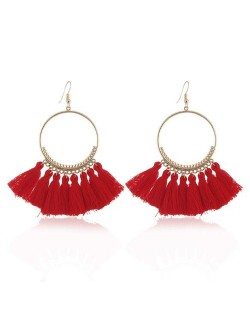 High Fashion Cotton Threads Tassel Big Hoop Statement Earrings - Red