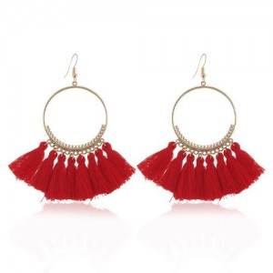 High Fashion Cotton Threads Tassel Big Hoop Statement Earrings - Red