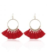 High Fashion Cotton Threads Tassel Big Hoop Statement Earrings - Red