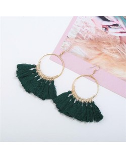 High Fashion Cotton Threads Tassel Big Hoop Statement Earrings - Green