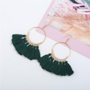 High Fashion Cotton Threads Tassel Big Hoop Statement Earrings - Green