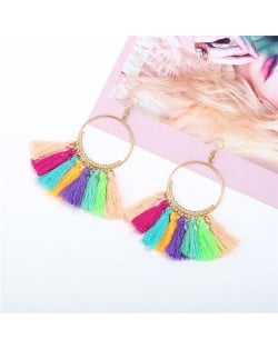 High Fashion Cotton Threads Tassel Big Hoop Statement Earrings - Multicolor