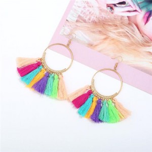 High Fashion Cotton Threads Tassel Big Hoop Statement Earrings - Multicolor