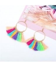 High Fashion Cotton Threads Tassel Big Hoop Statement Earrings - Multicolor