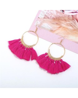 High Fashion Cotton Threads Tassel Big Hoop Statement Earrings - Pink