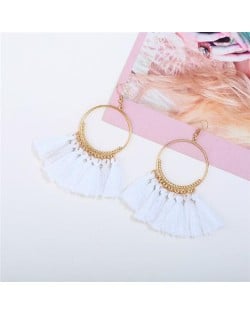 High Fashion Cotton Threads Tassel Big Hoop Statement Earrings - White