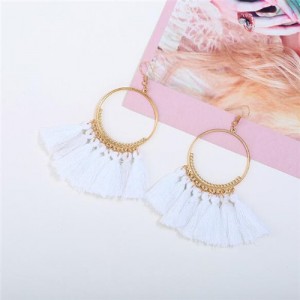 High Fashion Cotton Threads Tassel Big Hoop Statement Earrings - White