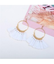 High Fashion Cotton Threads Tassel Big Hoop Statement Earrings - White