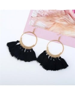 High Fashion Cotton Threads Tassel Big Hoop Statement Earrings - Black