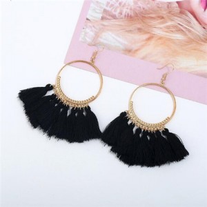 High Fashion Cotton Threads Tassel Big Hoop Statement Earrings - Black