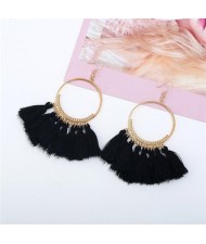 High Fashion Cotton Threads Tassel Big Hoop Statement Earrings - Black