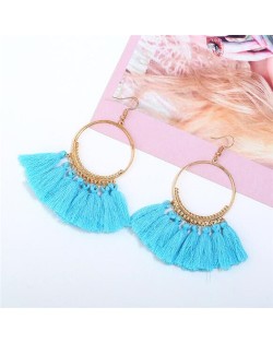 High Fashion Cotton Threads Tassel Big Hoop Statement Earrings - Sky Blue