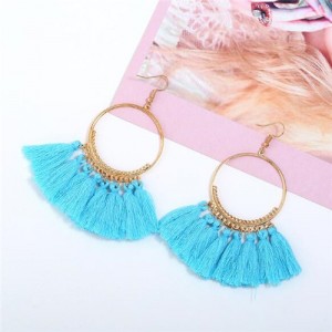 High Fashion Cotton Threads Tassel Big Hoop Statement Earrings - Sky Blue