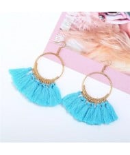 High Fashion Cotton Threads Tassel Big Hoop Statement Earrings - Sky Blue
