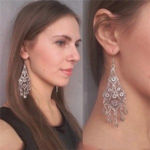 Hollow Floral Waterdrop Dangling Fashion Earrings - Silver